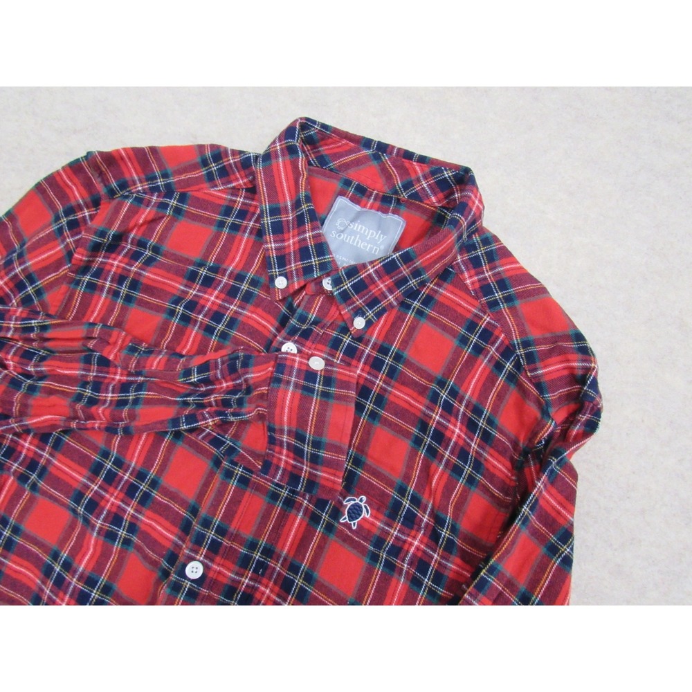 Simply Southern Mens XL Red Plaid Flannel Button Down Shirt Long Sleeve Turtle